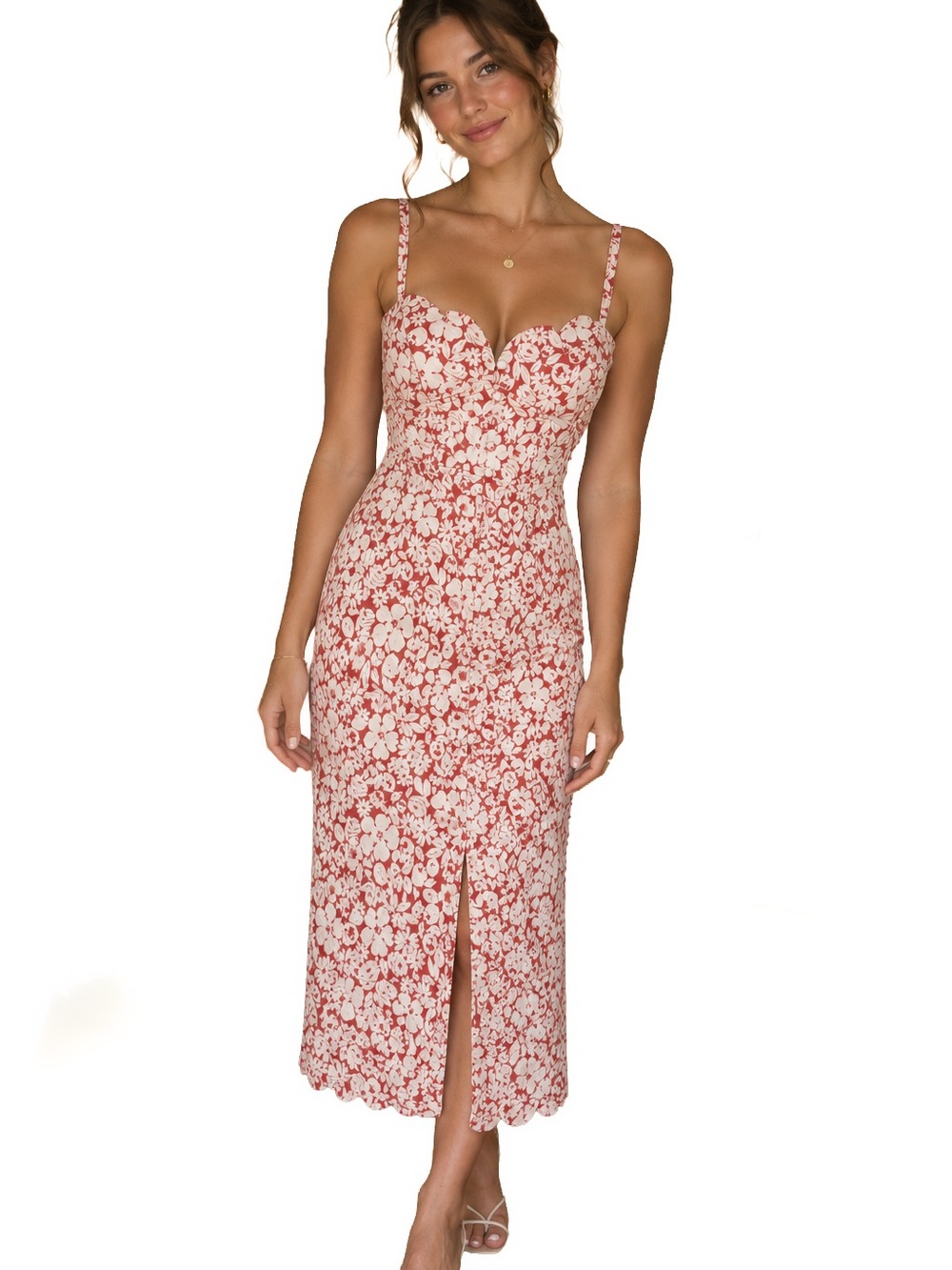 By Anthropologie Slim Scalloped Front Slit Corset Dress Red White Size 4P